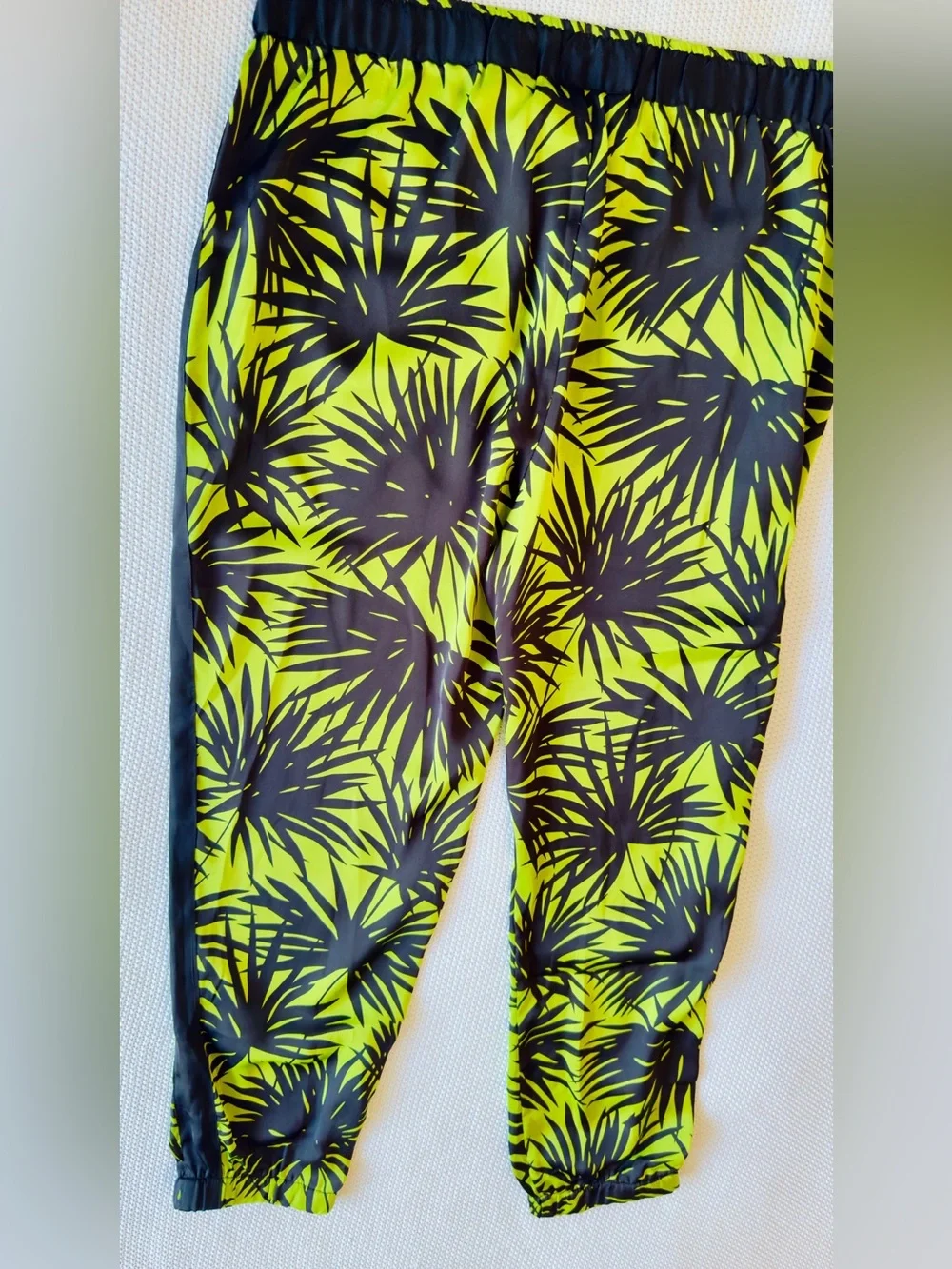 MICHAEL KORS Satin Neon Lime Green & Black Palm Leaf Print Track Pants